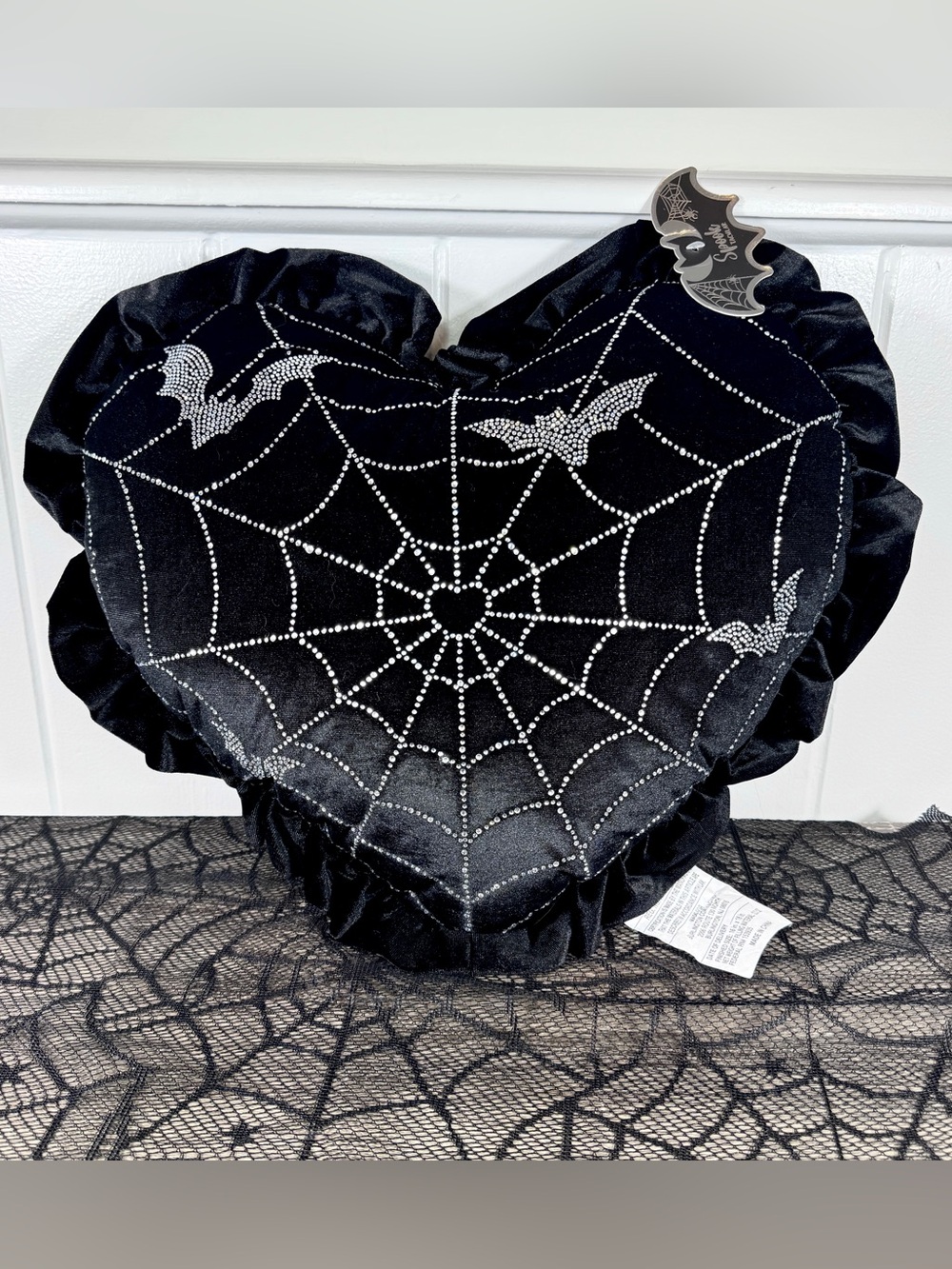 NEW Spooktakular Black Heart with Rhinestone Bats and Spiderweb Halloween Pillow